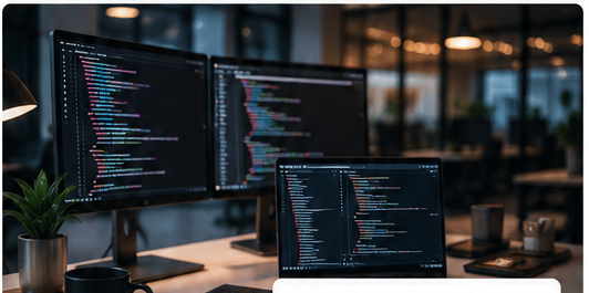 Professional software development workspace with code displayed on multiple monitors